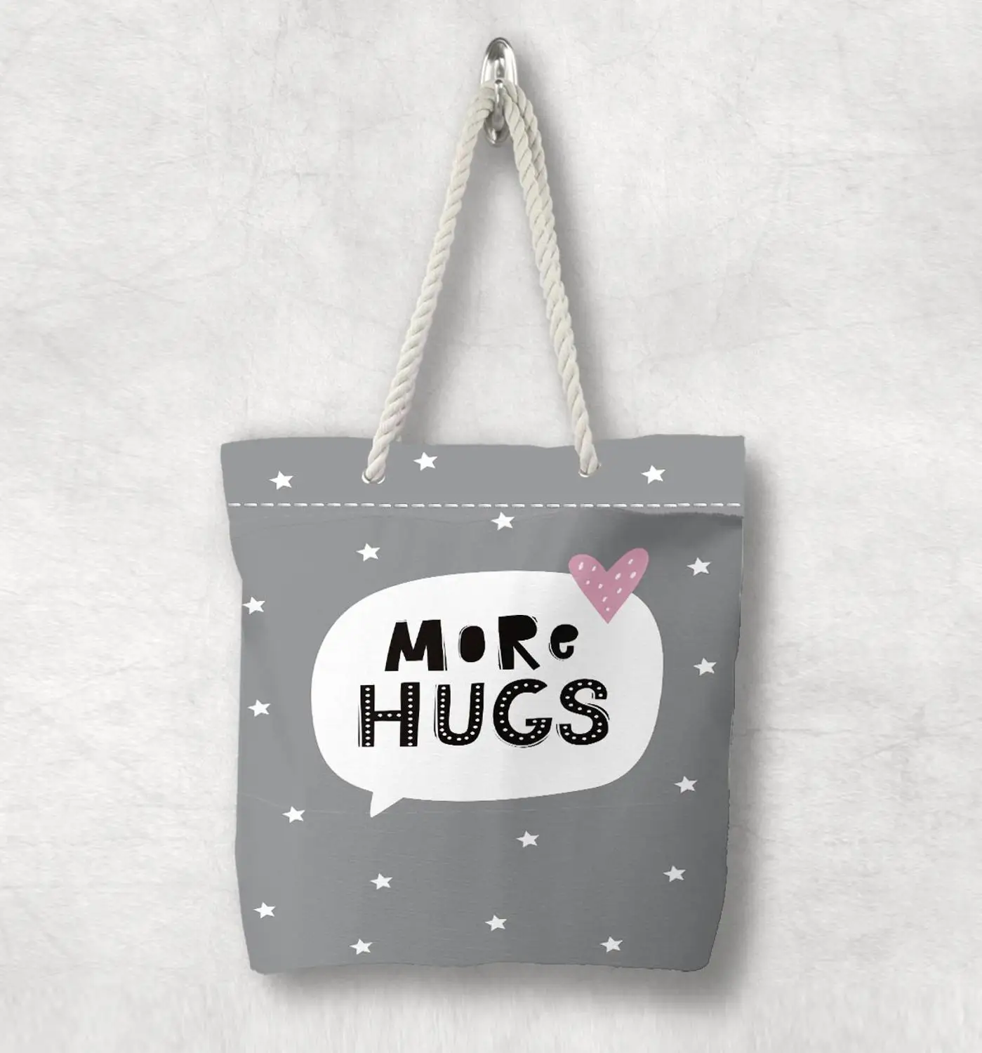 

Else Gray White Stars Hugs Pink Hearts Scandinavian White Rope Handle Canvas Bag Cartoon Print Zippered Tote Bag Shoulder Bag