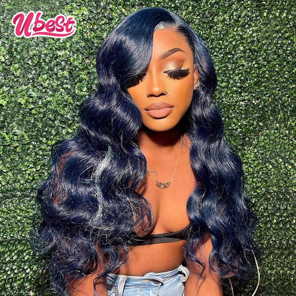 Ubest Dark Blue Wig Human Hair Brazilian Virgin Body Wave Transparent Lace Front Wig 180Density Human Hair Wigs Pre Plucked Remy