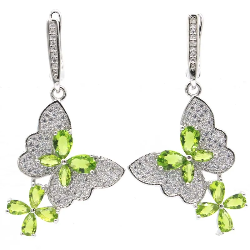 

47x21mm Deluxe Big Butterfly Created Green Peridot Smokey Topaz CZ Bright Zircon Woman's Dating Silver Earrings