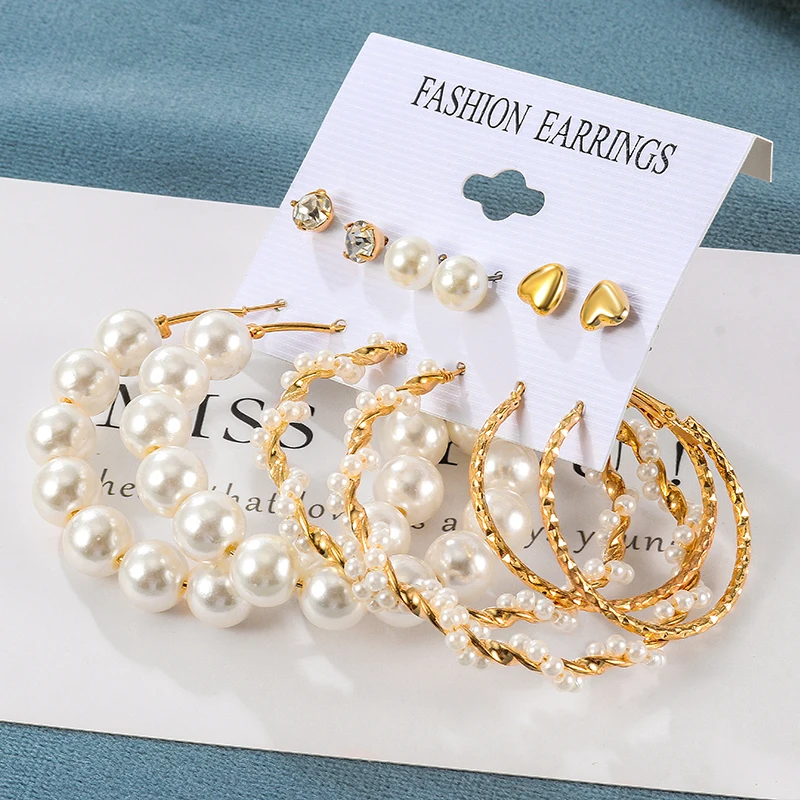 

Fashion Statement Pearl Big Hoop Women's Earrings Sets For Women Geometirc Round Circle Metel Earrings 2021 Trend Jewelry