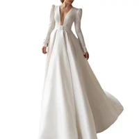 mqupin simple deep v neck long sleeve satin bridal wedding dress evening with belt 2022 fashion