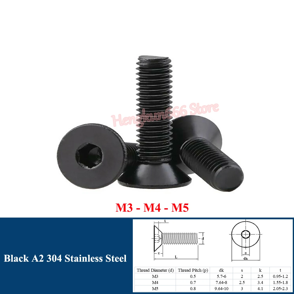 

M3 M4 M5 Black A2 304 Stainless Steel Hexagon Hex Socket Flat Head Countersunk Screw Allen Bolts DIN 7991