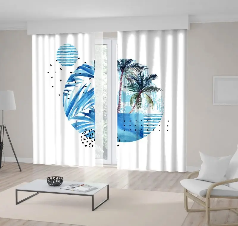 

Curtain Tropical Palm Trees Leaves Sea and Geometric Shapes Floral Watercolor Artwork Blue Green White