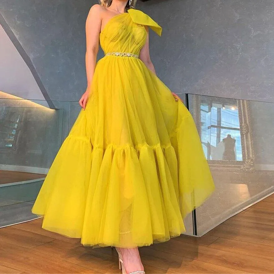 Yellow Tulle Short Prom Dress One Shoulder Tea Length Homecoming Dress Princess Women 2022 Party Gowns Plus Size