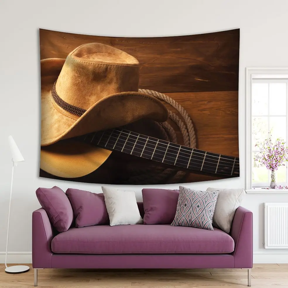 

Tapestry Guitar Rope And Cowboy Hat on Wooden Floor American Country Music Theme Photo Printed Brown
