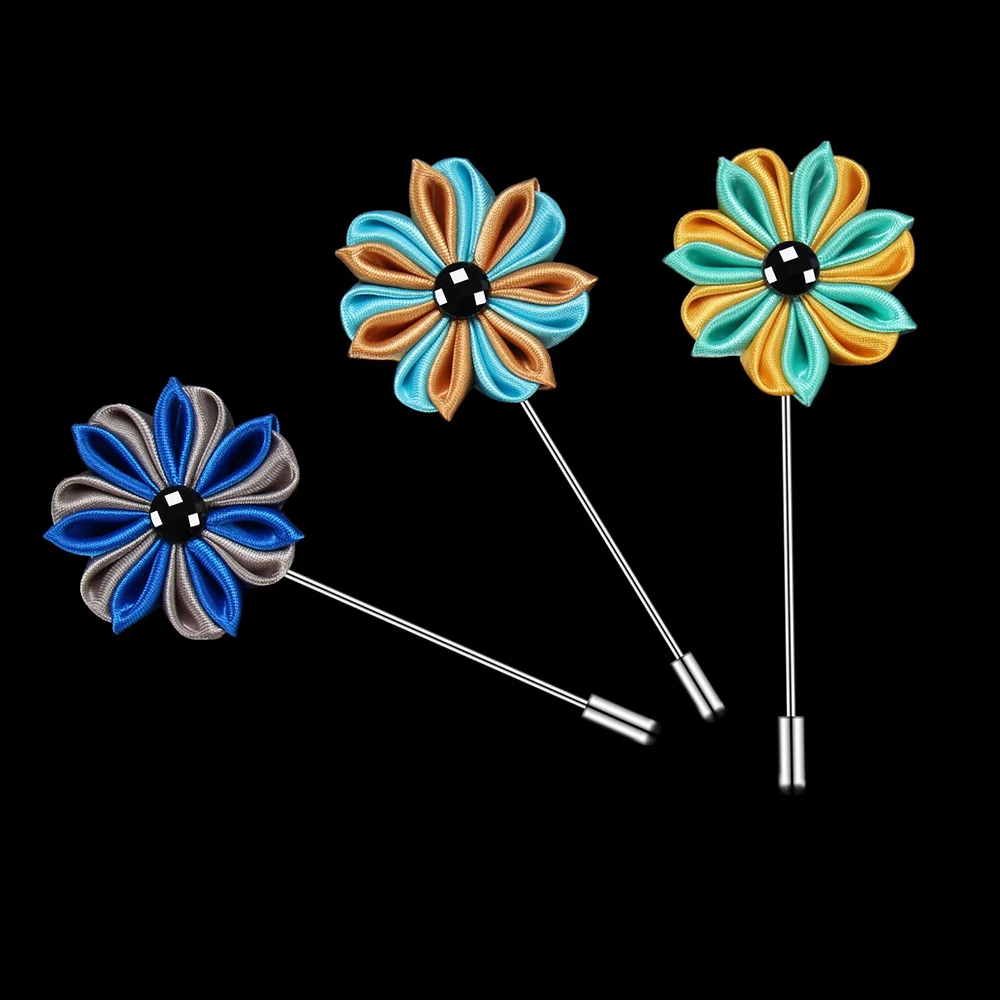 Two Tone Flower Lapel Pin Handmade Fabric Boutonniere Stick Brooch Pins for Men Suit Wedding Groom Tuxedo Corsage Accessories | Украшения и