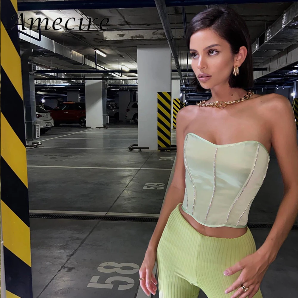 

Amecire Sexy Diamond Women Crop Corset Tops Elegant Blouses Ladies Top Zipper Beach Fairy Clothes For Girls Tunics Zevity Tops