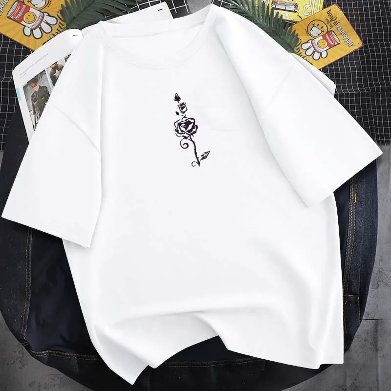 

Summer New Style Rose Line Pattern Printed T-Shirt Neutral Cotton Round Neck 14-Color Short-Sleeved Simple Daily Fashion Top