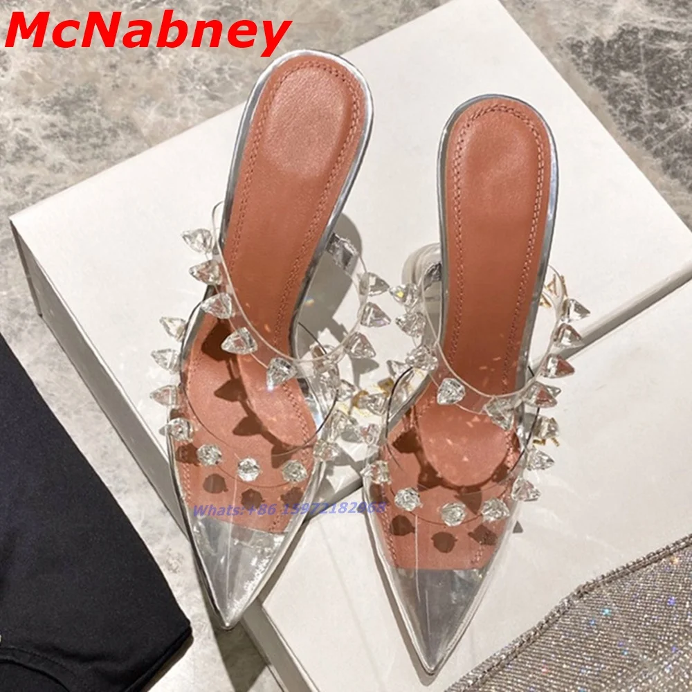 

Pointy Toe Studded Sandals Slide Crystal Strange Heels Women Wedding Shoes PVC Straps Slip On Slipper Summer Banquet Solid Shoes