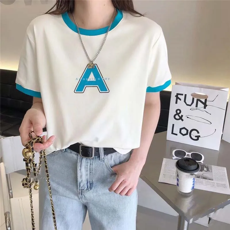 

Fashion Letter Printed Crop Tee Top Female Summer 2022 Short Sleeve Stitch Cotton Basic T Shirt Young Women's Aesthetic Tops