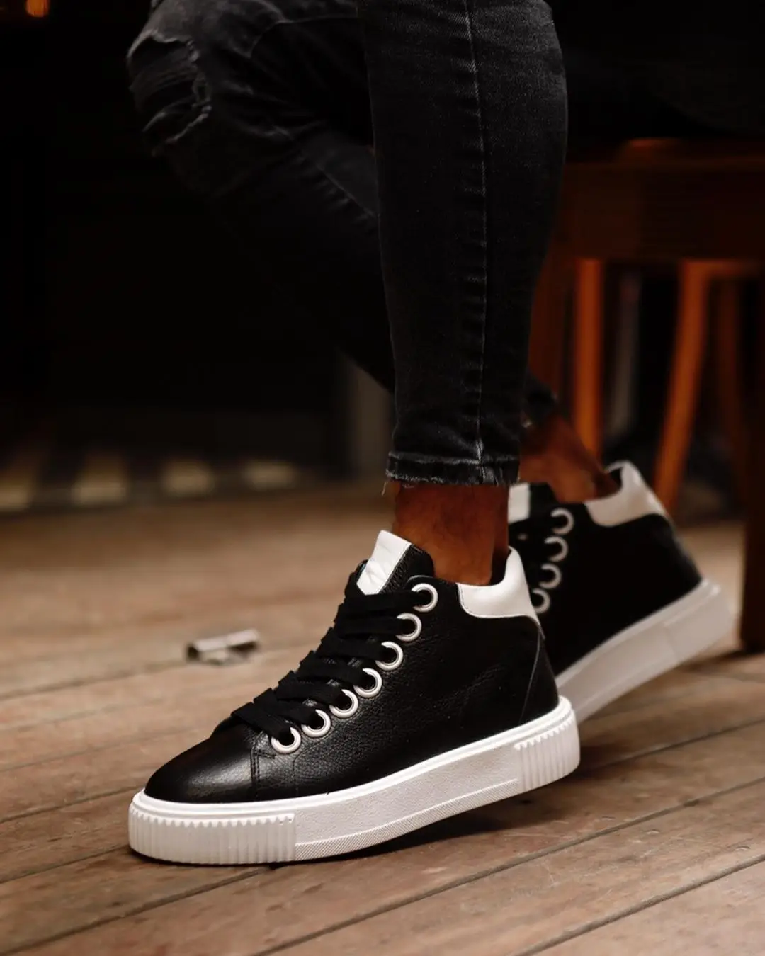 

100% Genuine Leather Casual Style Men Shoes Handmade Comfortable Durable-13185 BLACK AND WHTE