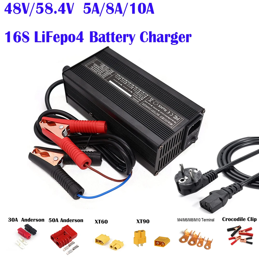 

Зарядное устройство 58,4 в, 6 А, 58,4 в, разъем для зарядки аккумуляторов LiFePO4, используется для аккумуляторов 16S, 48 В, 51,2 в