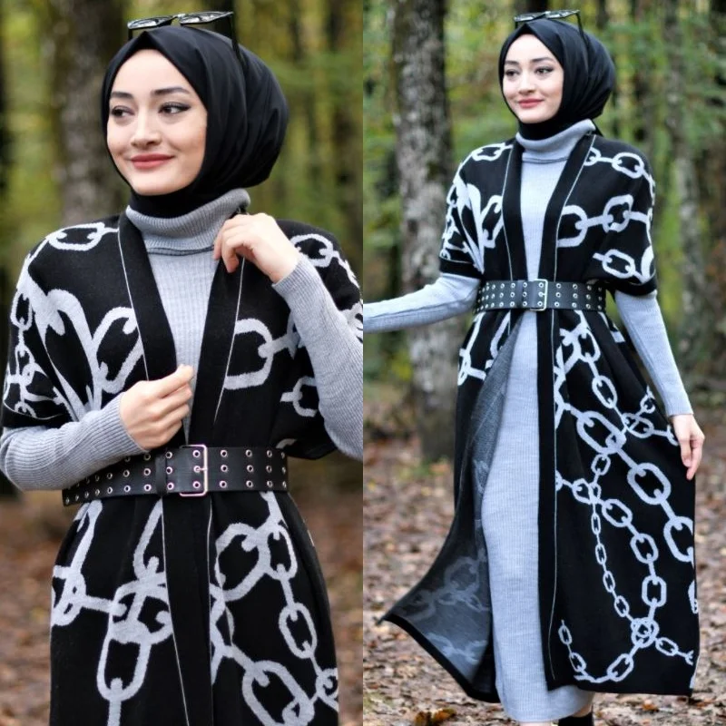 

2 Pieces Women Sets Knitted Dress + Patterned Vest Cardigan Muslim Fashion Double Suit 2021 Turkey Abayas Islamic Clothing Abaya