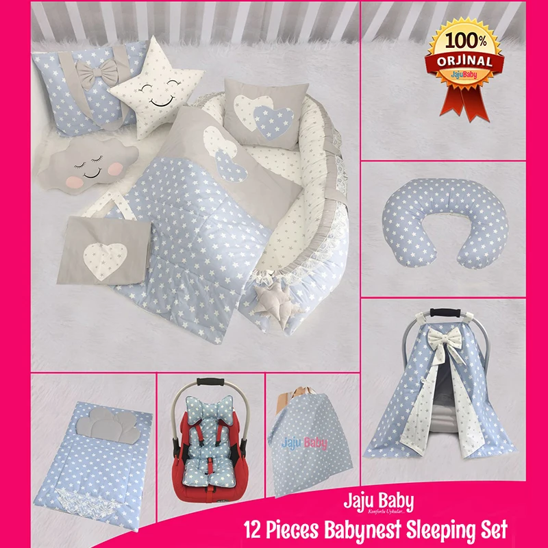 Jaju Baby Handmade Blue Star Design Luxury Orthopedic Babynest 12 Piece Set, Breastfeeding Pillow, Stroller Cover Baby Sleeping