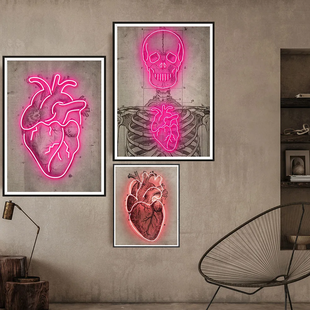 

Neon Skeleton Poster Nordic Vintage Picture Heart Head Wall Art Canvas Painting Prints Mural For Living Room Bar Home Decoration