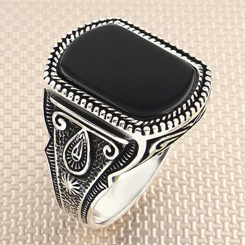 

Patterned Gothic Design Sterling Silver Ring 925 For Men Natural Tiger Eye Onyx Agate Turquoise Stones Turkish Jewelry