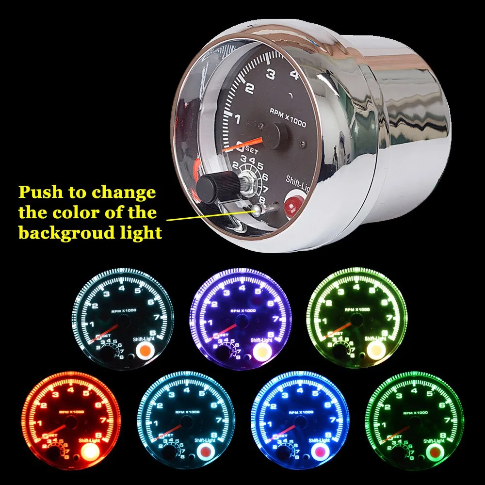 New GAUGE Car Gauge 3.75 Inch 95mm Tachometer Chrome for 7 LED Colors Adjustable 12V 3 3/4&quot Meter 0-8000 RPM TAC Shift-Light |