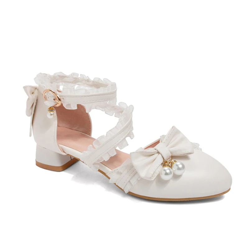 

Japanese Soft Sister Sweet Lace Bowknot Girl Patent Leather Round Toe Buckle Strap Princess Sandals for Girls