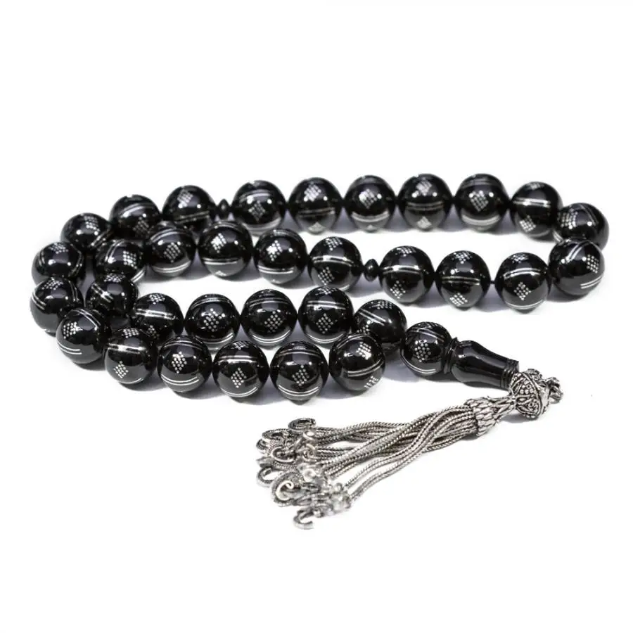 

Big Natural Jet Stone Prayer Bead With Silver Tassel Men Rosary With Silver Inlay Islamic Tasbih 925 Sterling Silver