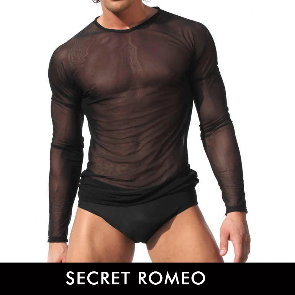 SECRET ROMEO Для мужчин футболка гей Костюмы сетка прозрачная футболки пикантные
