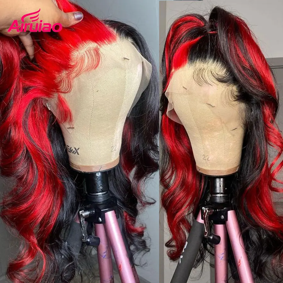 

Highlight Red HD Lace Frontal Human Hair Body Wave Wigs Omber Colored Wavy Lace Front Wig Nature Water Wave 99J Full Black Woman