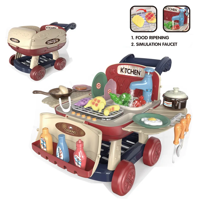 

Kids Kitchen Toys Playset Pretent Play Kitchen Shopping cart for Children With Realistic Light Sound Steam Simulation Play Sink