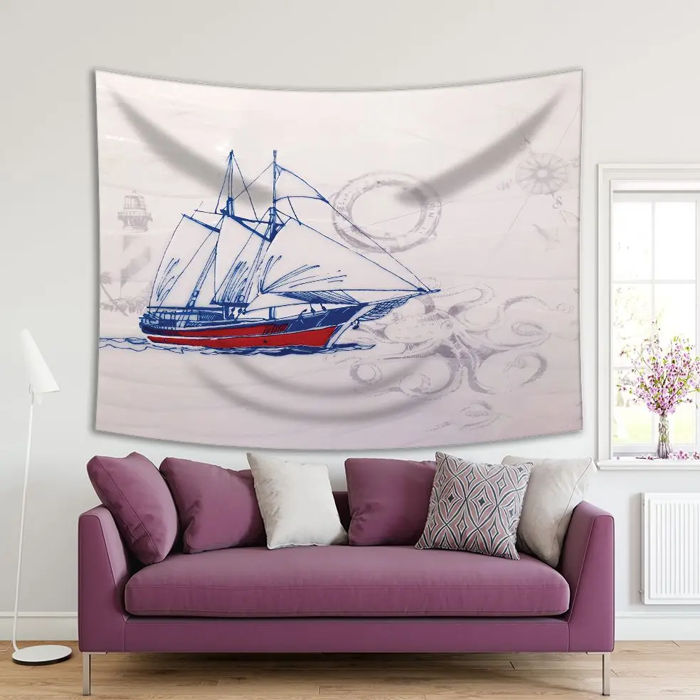 

Tapestry in Sailboat Sea Octopus Compass Ring Buoy Lighthouse Marine Ocean Adventure Theme Art Blue Red gray