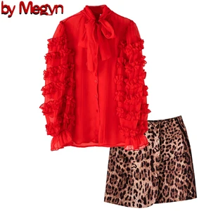 2020 летний женский модный комплект для подиума, шифоновый топ с пышными рукавами, Цветочная мини-юбка, красный, желтый, зеленый, черный, женские комплекты