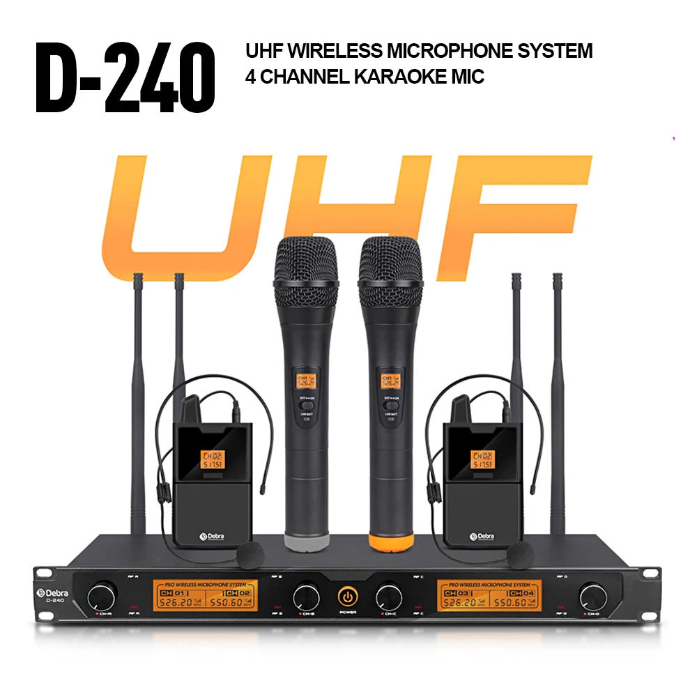 En kaliteli! Debra ses D-240 4 kanallı el veya yaka ve kulaklık UHF kablosuz mikrofon sistemi konuşma Karaoke partisi.