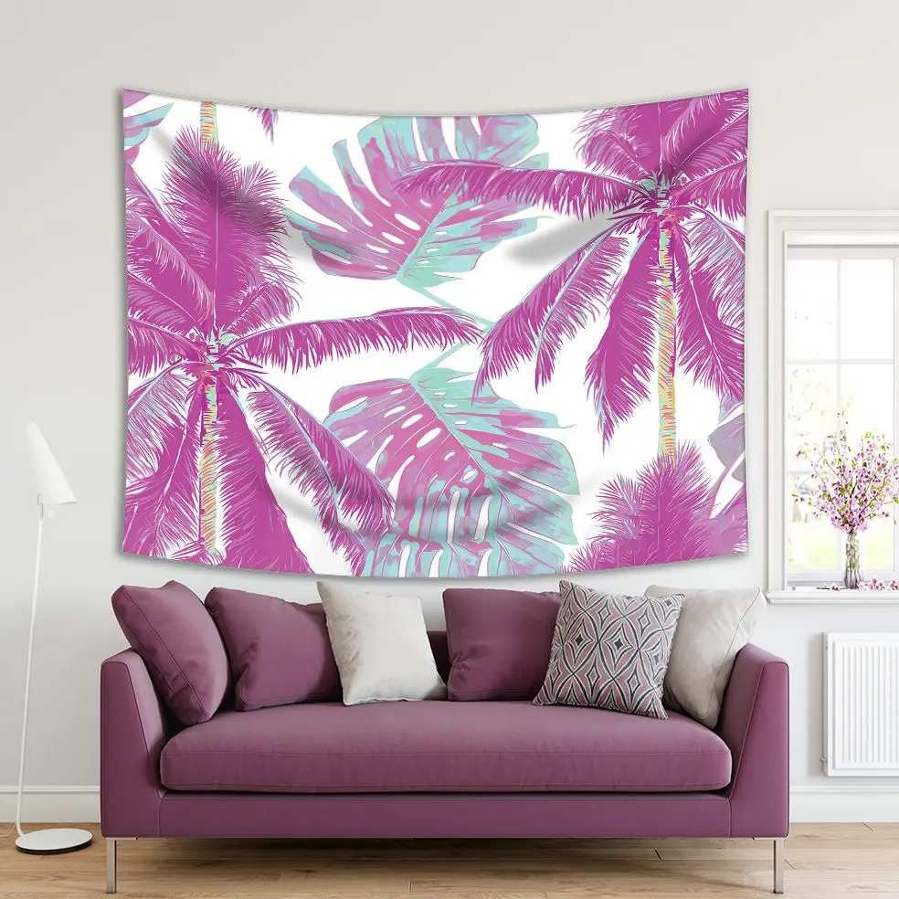 

Tapestry Tropical Palm Trees Leaves Against Sky Exotic Beach Nature Retro Colors Photo Printed Purple Green