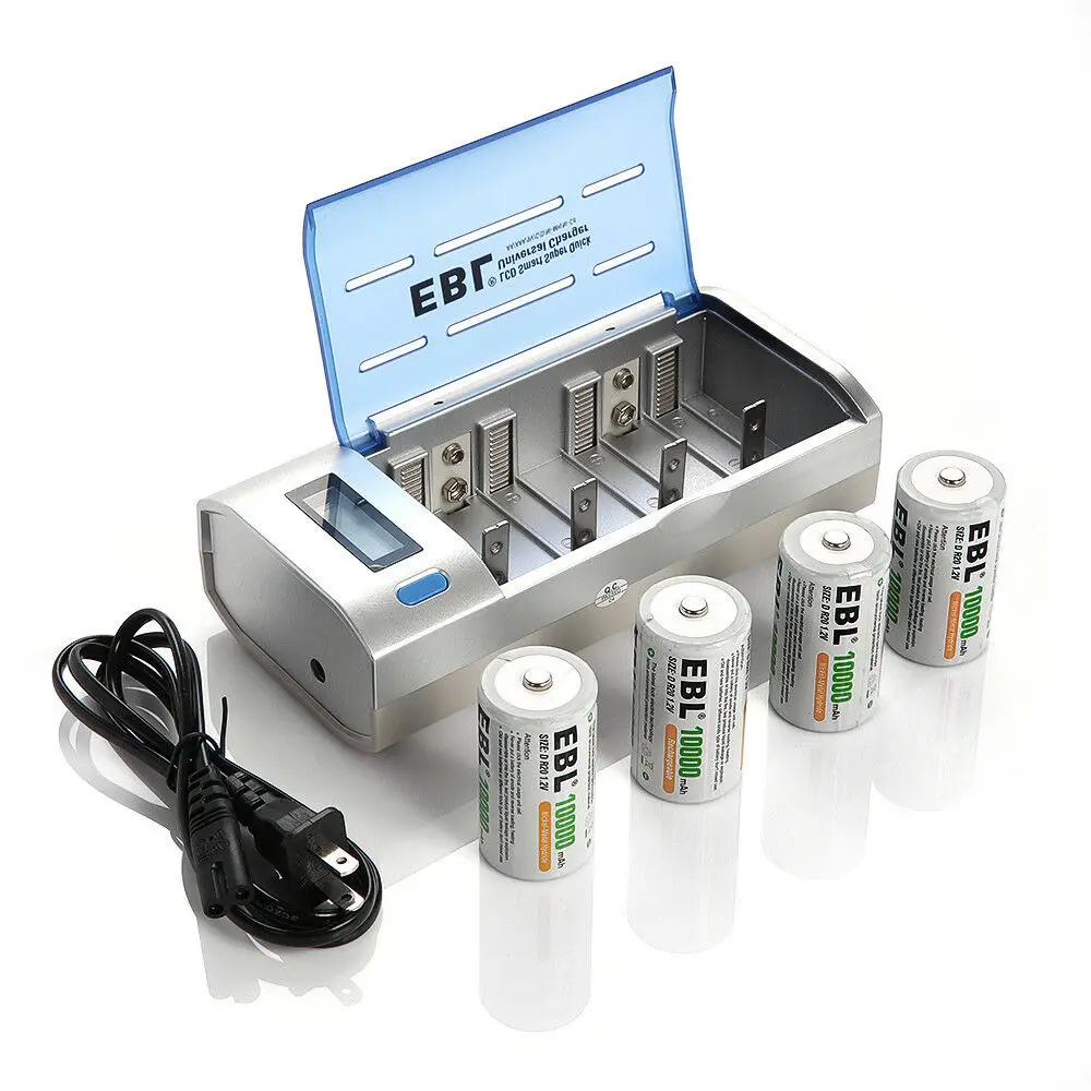 

EBL 10000mAh Size D Rechargeable-Batteries Ni-MH With AA AAA 9V LCD Battery Charger