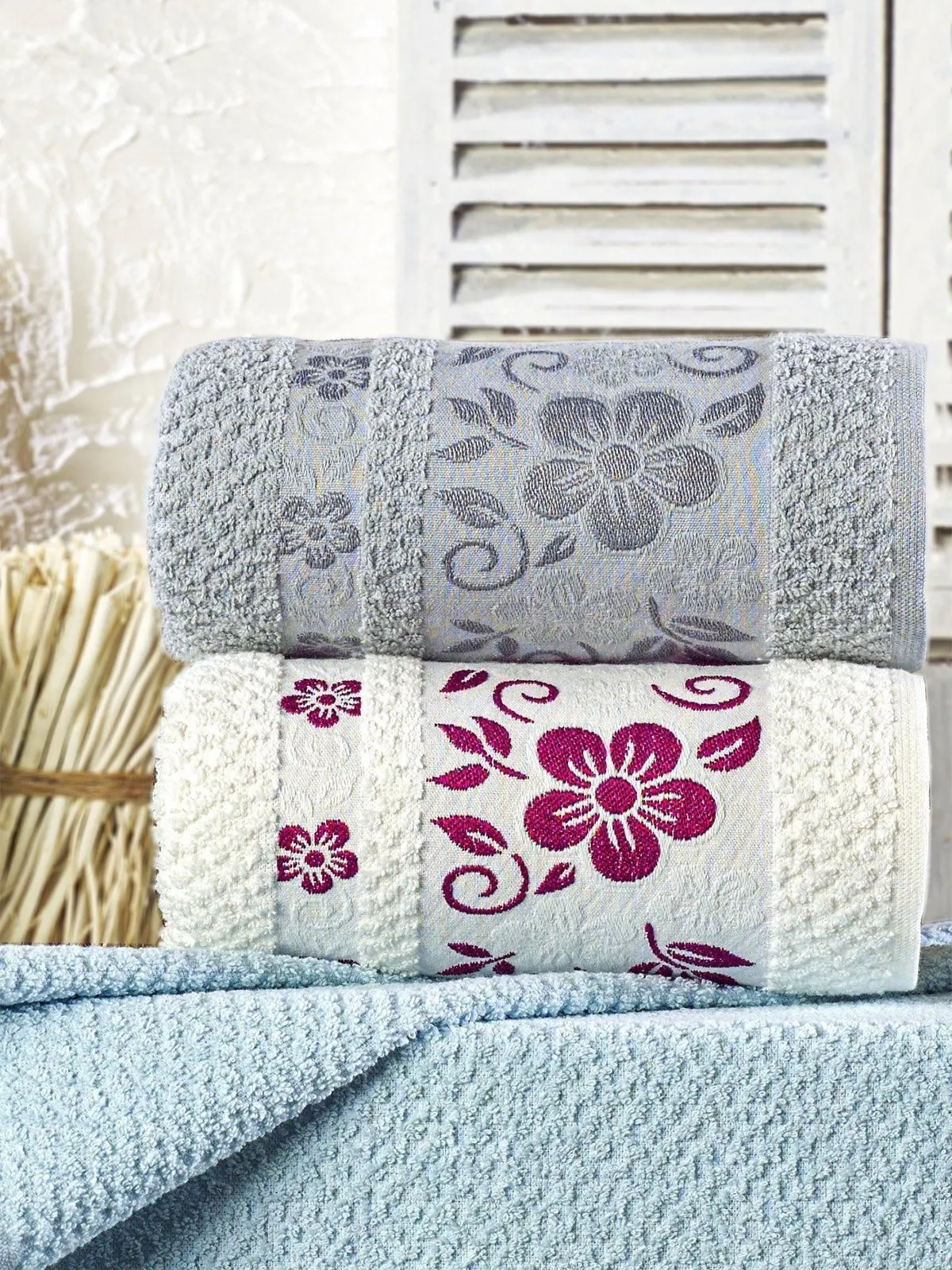 

Towel Set 3 Pieces 100% Cotton 50x90 Bath Kitchen Hand Face Hair Soft Texture High Water Absorption 3 Colors Flower