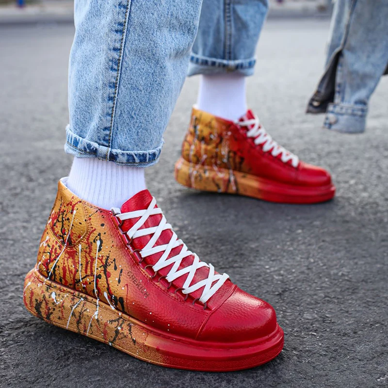 

Chekich Men's Boots Red and Yellow Color Splash Pattern Artificial Leather 36-45 Size White Laces Winter Autumn Seasons Ankle Unisex Shoes Women Comfortable Casual Sneakers Fashion Snow Odorless Print Air CH263 V4