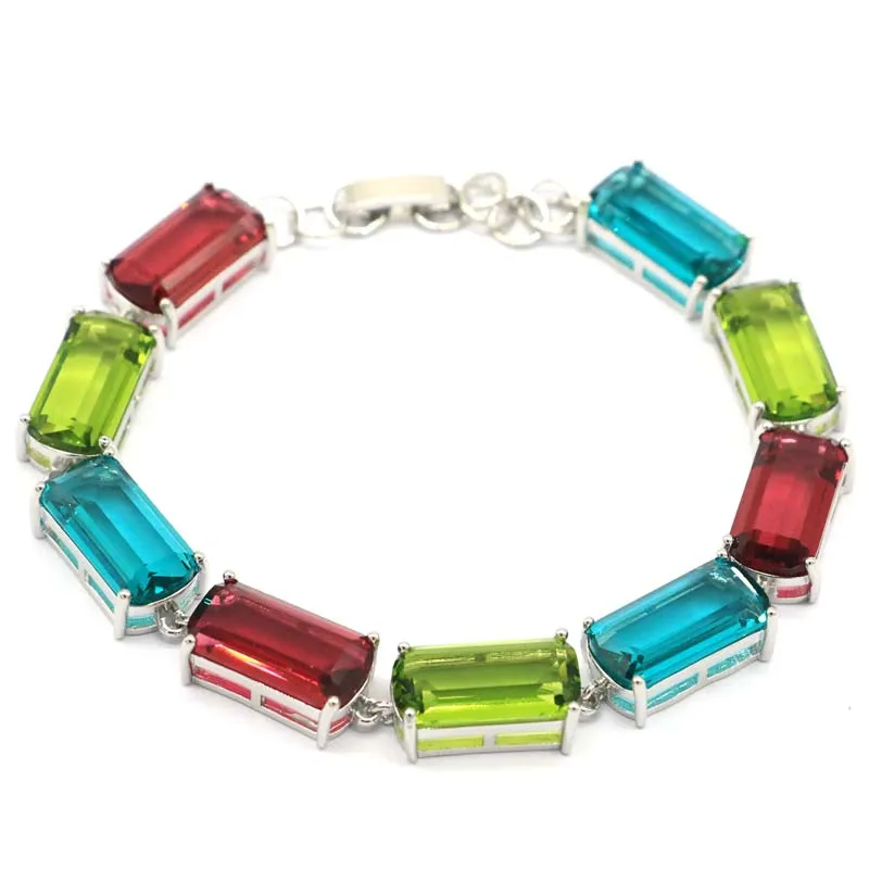 16x8mm Multi Color 18g Rhodolite Garnet Blue Aquamarine Green Peridot Wedding Silver Bracelet 6.5-8.5inch