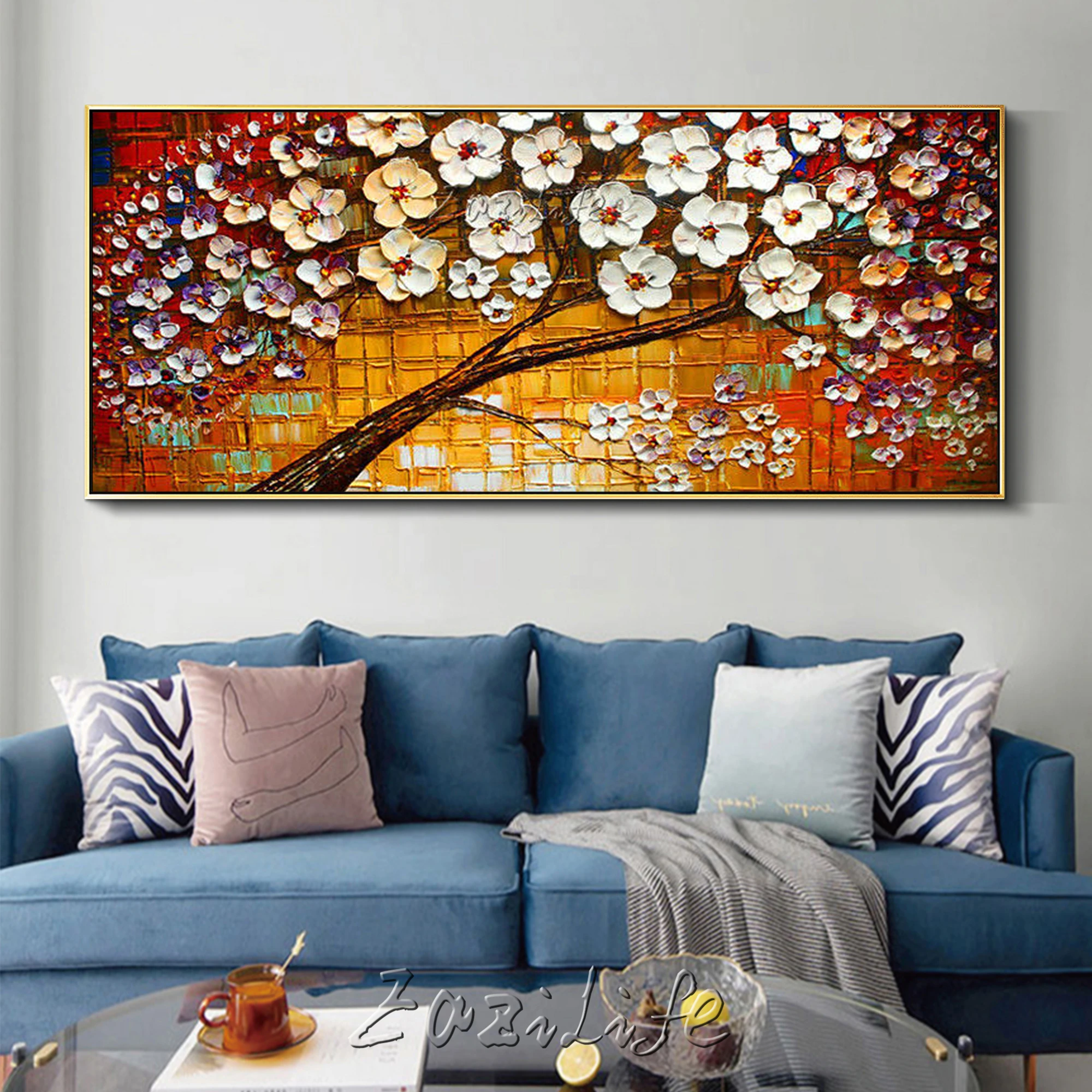 

Canvas Oil Painting,Palette Knife Hand Painted White Flower Tree ,Wll Pictures For Living Room Home Decor