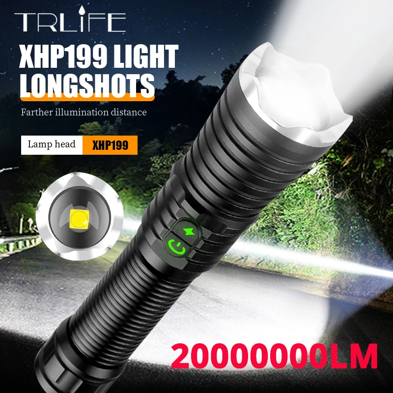 

2000000LM Super Powerful XHP199 LED Flashlight USB Rechargeable Tactical Portable Bike Light Camping 18650 Zoom Bycicle Torch