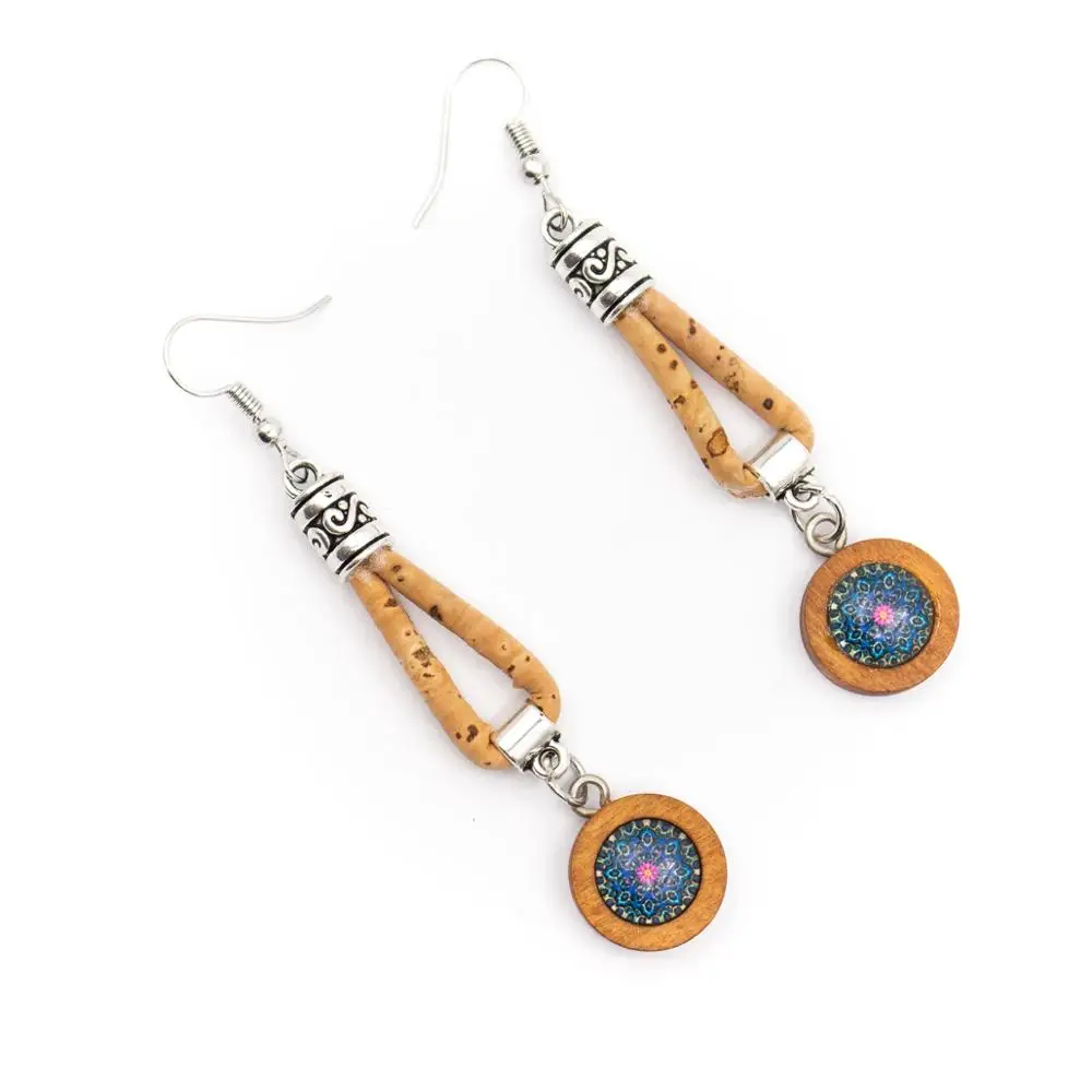 Natural cork with round wood pendant women earrings Original handmade ladies earrings-ER-105-MIX-5 | Украшения и аксессуары