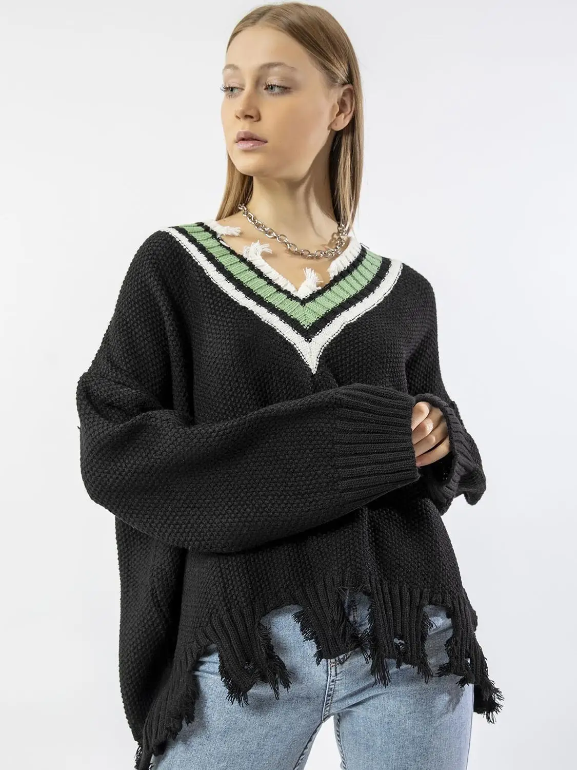 NE'FASH Women Sweater Fringe Pullover V Neck Stylish Long Sleeve Autumn Winter Ladies Fashion New Season
