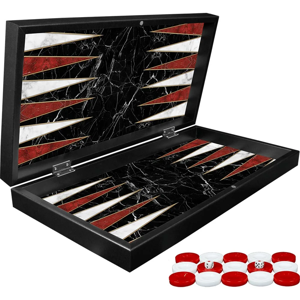 Classic Black Marble Luxury Backgammon Board Game Set - With Checkers And Dices