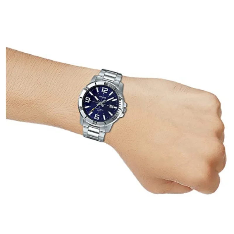 Мужские кварцевые часы Casio из нержавеющей стали с серебристым и синим