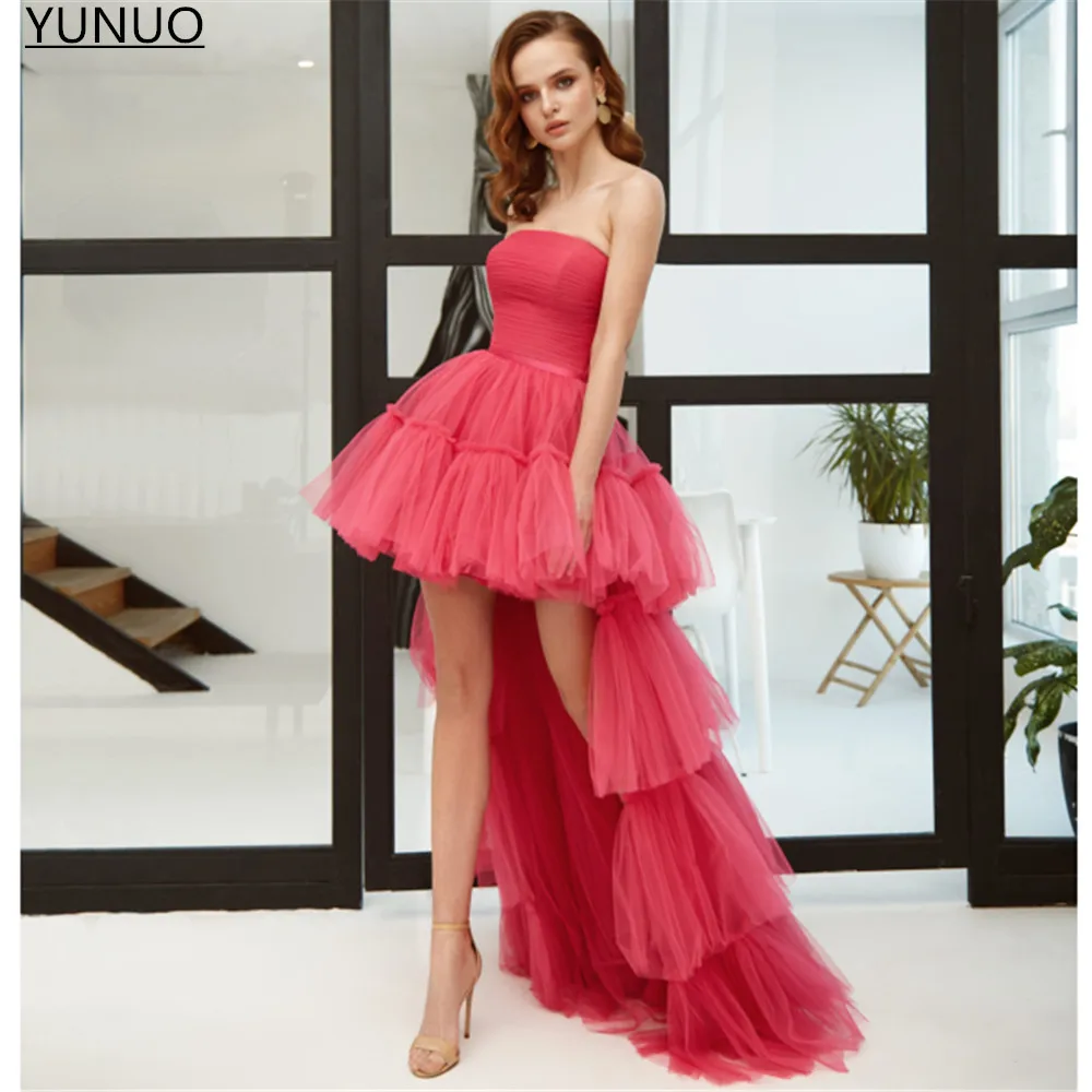 

YUNUO Strapless Watermelon Red A-line Evening Gowns Tiered Tulle Skirt High Low vestidos elegantes para mujer Prom Party Dresses
