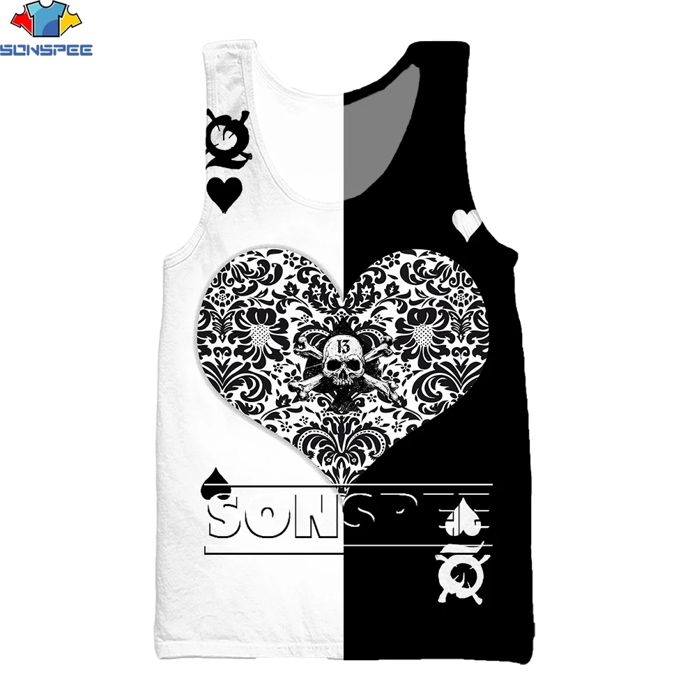 

SONSPEE Men's Loose Tank Top 3D Skull Card Gothic Print Top Black White Patchwork Vest Fun Harajuku O-Neck Sleeveless Streetwear