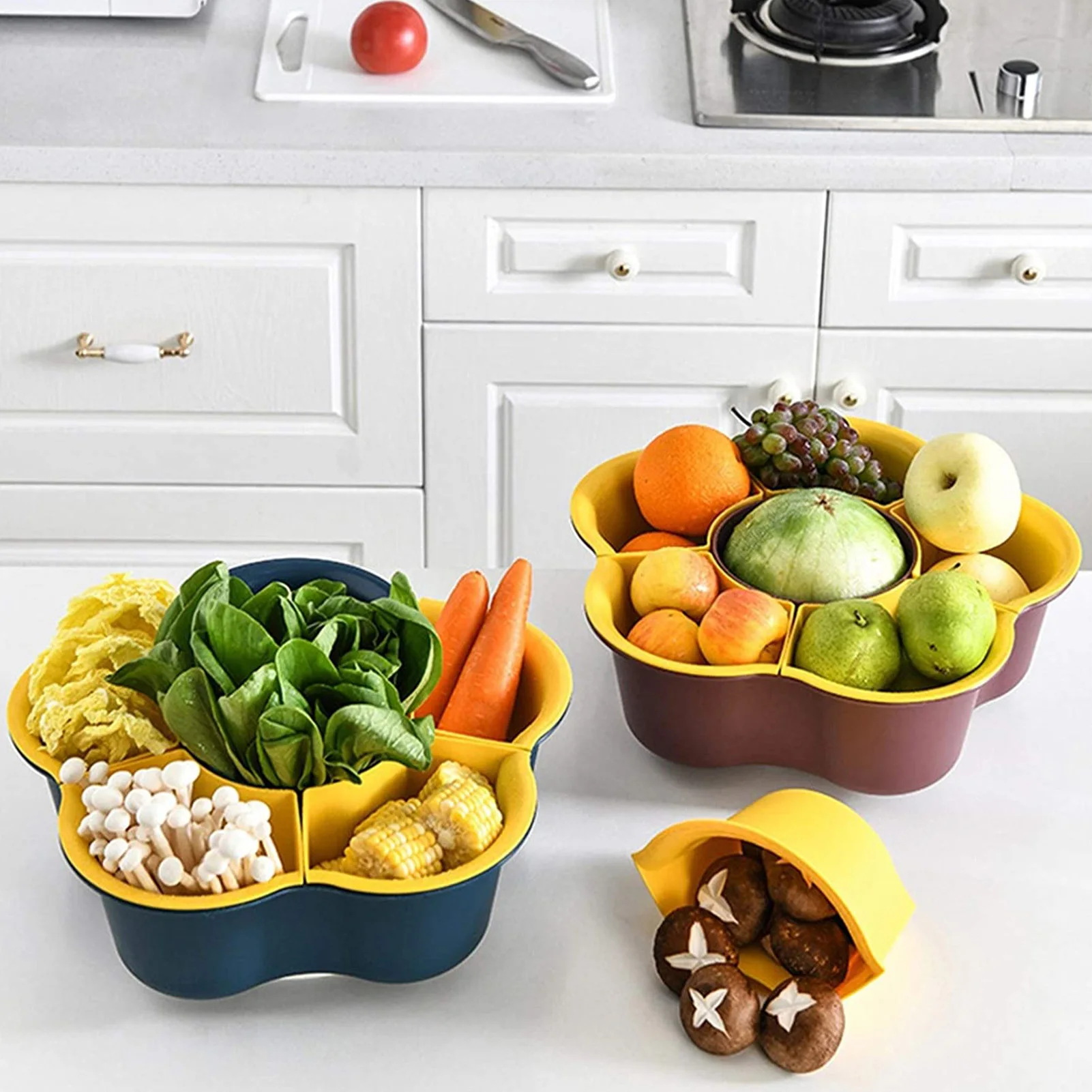 

Flower Shape Kitchen Food Storage Container Double Layer Drain Rack 360° Rotating Storage Tray Fruit Vegetables Storage Basket