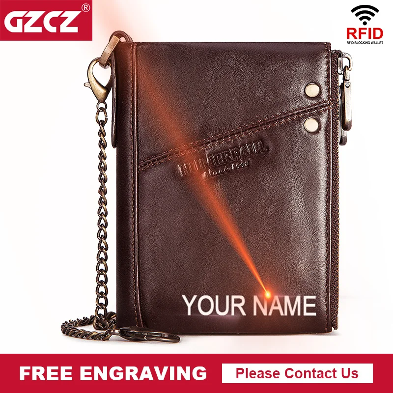 

Genuine Leather Men Wallet Bifold Business RFID Card Holder With Zip Coin Pocket Modern Billetera Hombre Iron Chain Short Clutch
