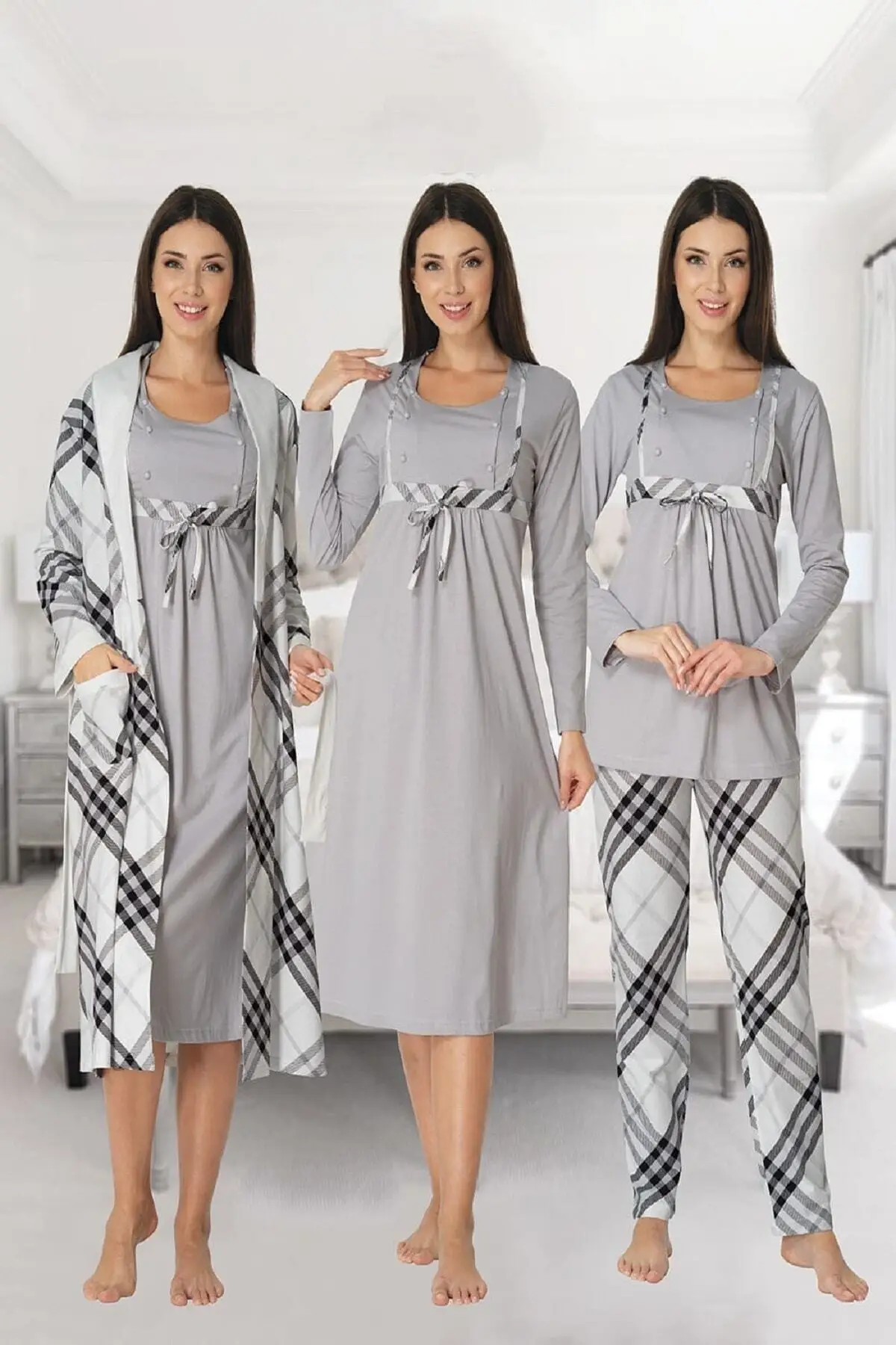 Lohusa Dünyasi Women Plaid Long Sleeve Nightgown Pajamas Set 4-Piece Gray Red Gray Navy Blue Pink Blue