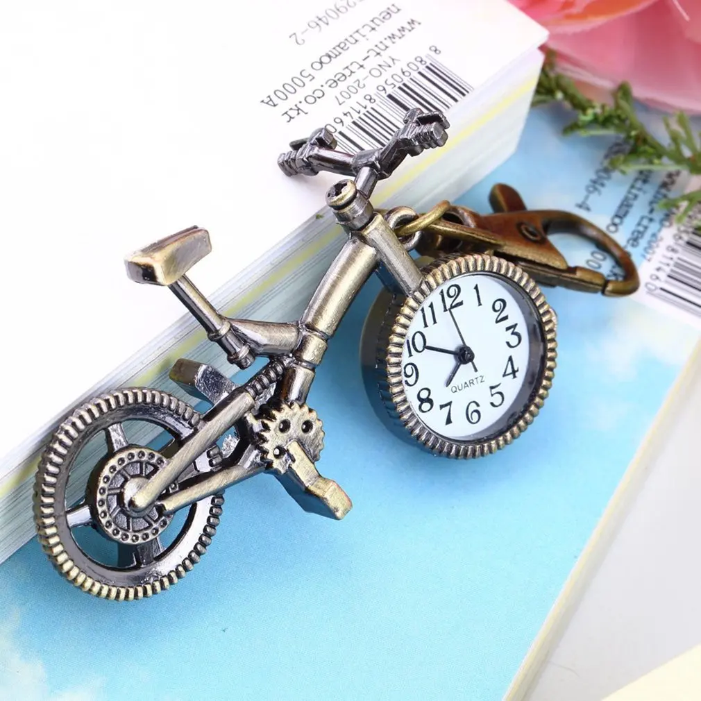 

Fashion Vintage Bronze Color Bike Keychain Clock Quartz Pocket Pendant Watch Necklace Sweater Key Chain Stationary Individuality