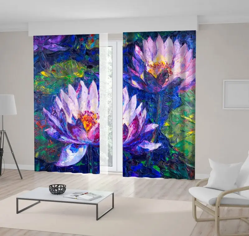 

Curtain Lotus Waterlilies Flowers and Leaves Pattern in Oil Painting Artwork Blue Green Lilac