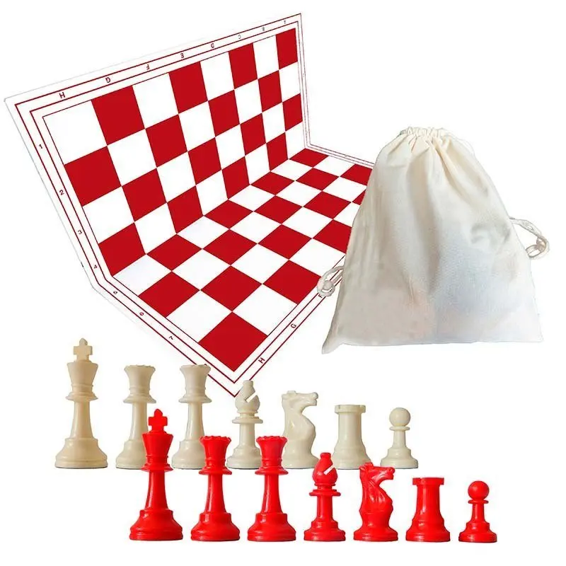 Набор из шахматной доски и предметов красного белого цвета с шерстяной сумкой.