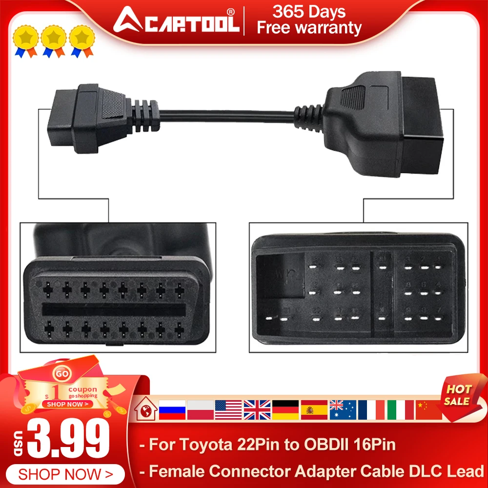 

For Toyota 22Pin to OBDII 16Pin Female Connector Adapter Cable DLC Lead Fits For Toyota 22 Pin Female to OBD2 16 Pin Free Ship
