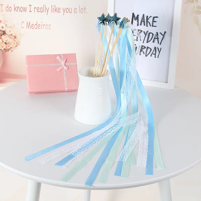 

10pcs Star Crown Fairy Wand Lace Ribbon Streamers Wedding Magic Wands Wood Stick Bells Confetti Party Team Bride Prop Decor